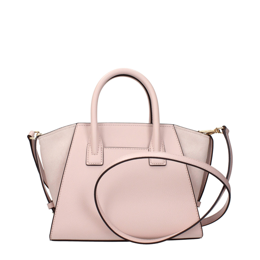 Michael Kors pink leather handbag with gold hardware and structured design, featuring top handles and a spacious interior.
