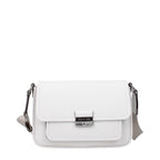 Michael Kors white leather crossbody bag with gold-tone hardware and adjustable strap, showcasing a sleek and stylish accessory.