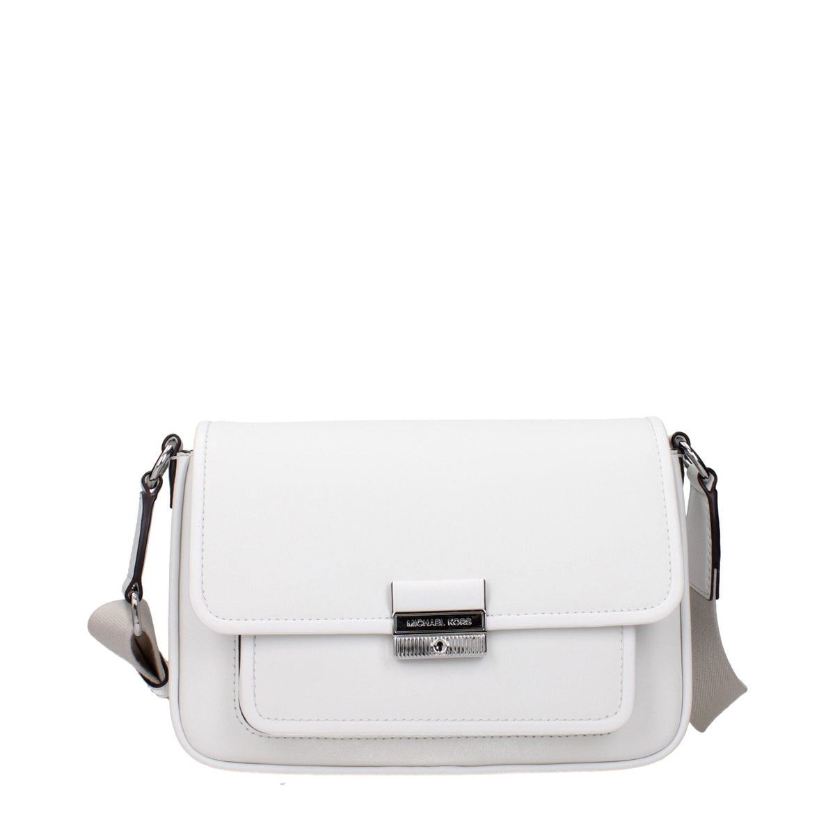 Michael Kors white leather crossbody bag with gold-tone hardware and adjustable strap, showcasing a sleek and stylish accessory.