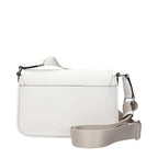 Michael Kors white leather crossbody bag with gold-tone hardware and adjustable strap on a plain background.