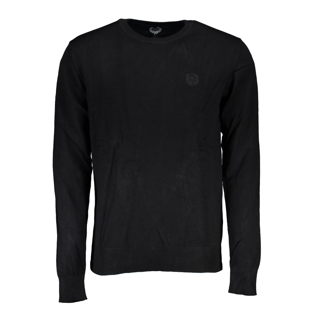 Gianmarco Venturi black viscose men's sweater displayed on a hanger, showing its smooth fabric and classic fit.