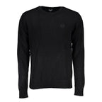 Gianmarco Venturi black viscose men's sweater displayed on a hanger, showing its smooth fabric and classic fit.