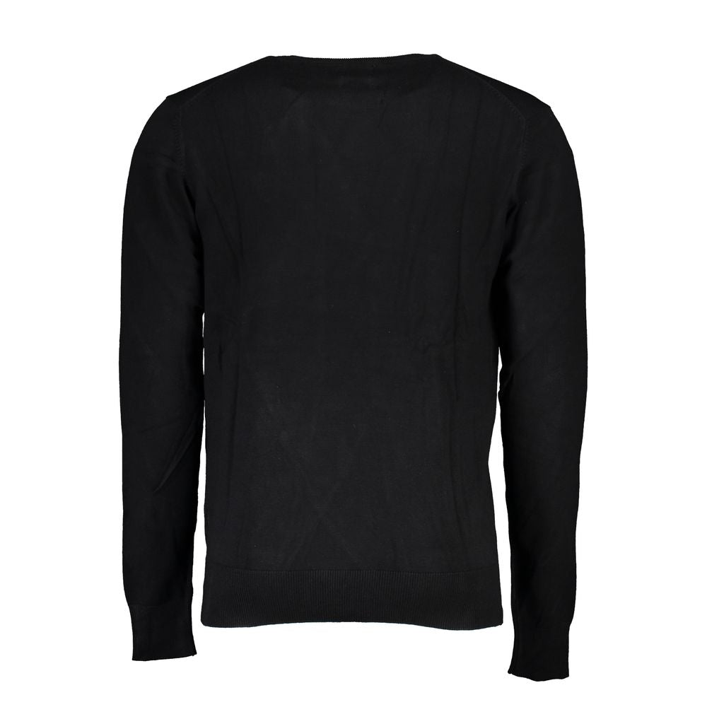 Gianmarco Venturi black viscose men's sweater displayed on a hanger, showcasing its smooth fabric and classic fit.