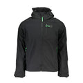 Gianmarco Venturi black polyester men's jacket displayed on a hanger with a front view and smooth fabric texture.