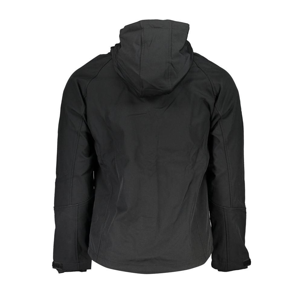 Black Gianmarco Venturi men's polyester jacket displayed on a hanger with a close-up of fabric texture.