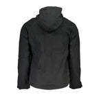 Black Gianmarco Venturi men's polyester jacket displayed on a hanger with a close-up of fabric texture.