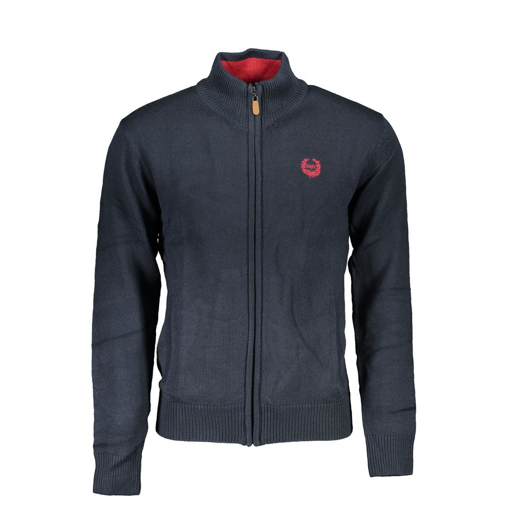 Gianmarco Venturi blue cotton men's cardigan displayed on a hanger with a button-up front and ribbed cuffs.