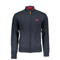 Gianmarco Venturi blue cotton men's cardigan displayed on a hanger with a button-up front and ribbed cuffs.