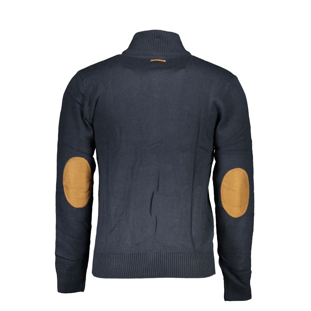 Gianmarco Venturi blue cotton men's cardigan displayed on a hanger, featuring a knit texture and classic button-front design.