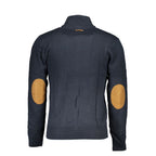 Gianmarco Venturi blue cotton men's cardigan displayed on a hanger, featuring a knit texture and classic button-front design.