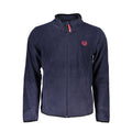 Blue polyester men's sweatshirt by Gianmarco Venturi, shown with a close-up of the fabric and fit.