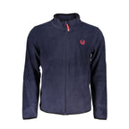 Blue polyester men's sweatshirt by Gianmarco Venturi, shown with a close-up of the fabric and fit.