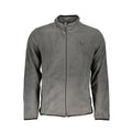 Gianmarco Venturi Verde polyester men's sweatshirt displayed on a hanger with a close-up of fabric texture and design details.