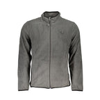 Gianmarco Venturi Verde polyester men's sweatshirt displayed on a hanger with a close-up of fabric texture and design details.