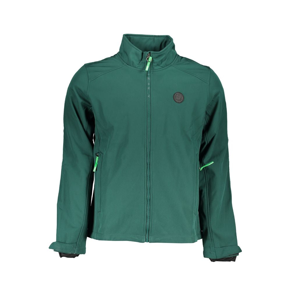 Gianmarco Venturi Verde polyester men's jacket displayed on a hanger, showcasing its sleek design and vibrant green color.