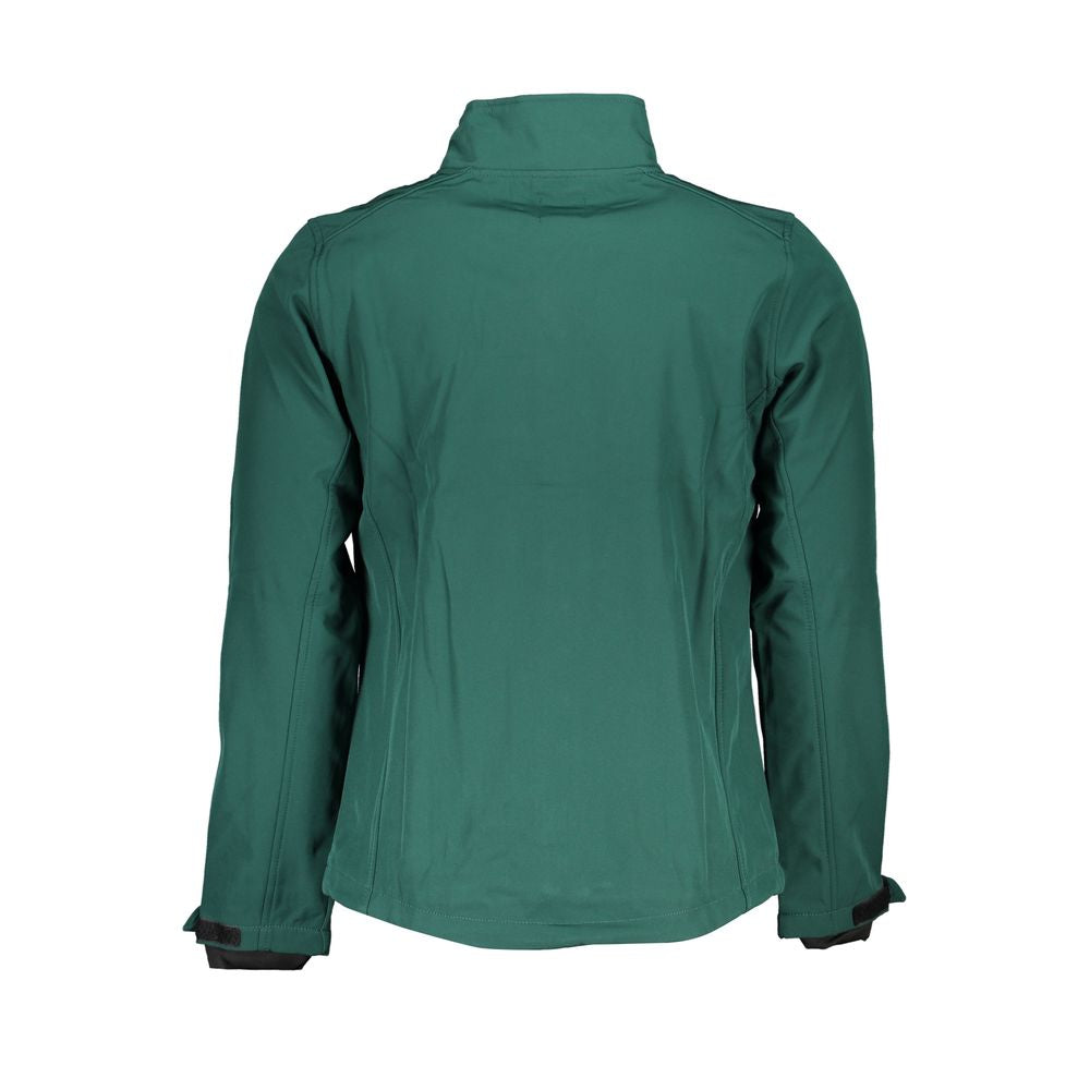 Gianmarco Venturi Verde polyester men's jacket displayed on a hanger, showcasing its sleek design and vibrant green color.