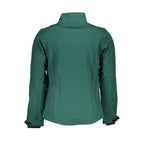 Gianmarco Venturi Verde polyester men's jacket displayed on a hanger, showcasing its sleek design and vibrant green color.