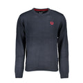 Gianmarco Venturi blue cotton men's sweater displayed on a hanger, showcasing its classic fit and smooth fabric texture.