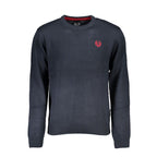 Gianmarco Venturi blue cotton men's sweater displayed on a hanger, showcasing its classic fit and smooth fabric texture.
