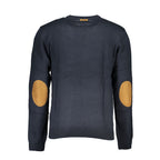 Gianmarco Venturi blue cotton men's sweater displayed on a hanger, showcasing a classic crew neck design.