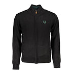 Black cotton men's cardigan by Gianmarco Venturi, featuring a classic fit and button-up front, styled on a plain background.