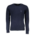 Gianmarco Venturi blue viscose men's sweater displayed on a hanger, showing its soft fabric and classic fit.