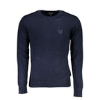 Gianmarco Venturi blue viscose men's sweater displayed on a hanger, showing its soft fabric and classic fit.