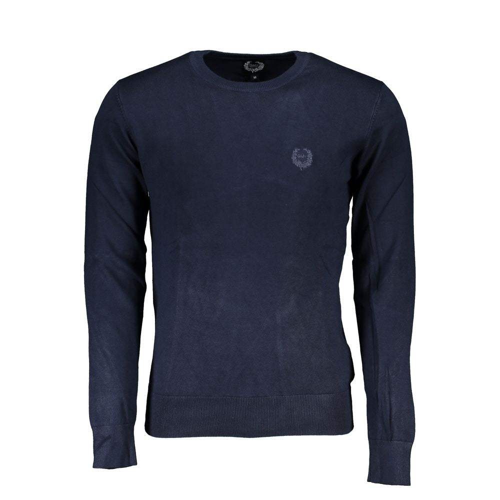 Gianmarco Venturi blue viscose men's sweater displayed on a hanger, showing its soft fabric and classic fit.