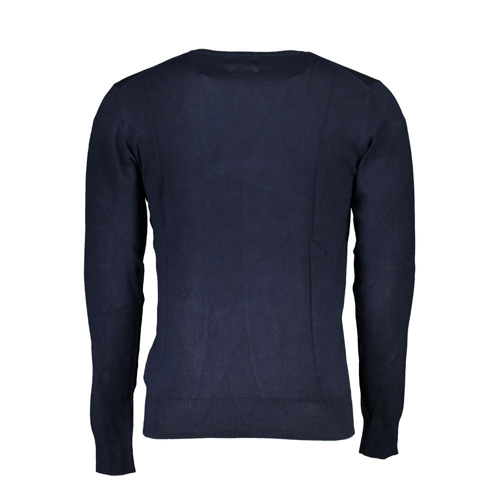 Gianmarco Venturi blue viscose men's sweater displayed on a hanger, showcasing its soft fabric and classic fit.