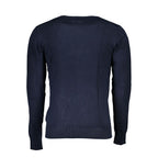 Gianmarco Venturi blue viscose men's sweater displayed on a hanger, showcasing its soft fabric and classic fit.