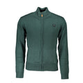 Gianmarco Venturi Verde cotton men's cardigan displayed on a hanger, featuring a V-neck and button closure.