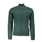 Gianmarco Venturi Verde cotton men's cardigan displayed on a hanger, featuring a V-neck and button closure.