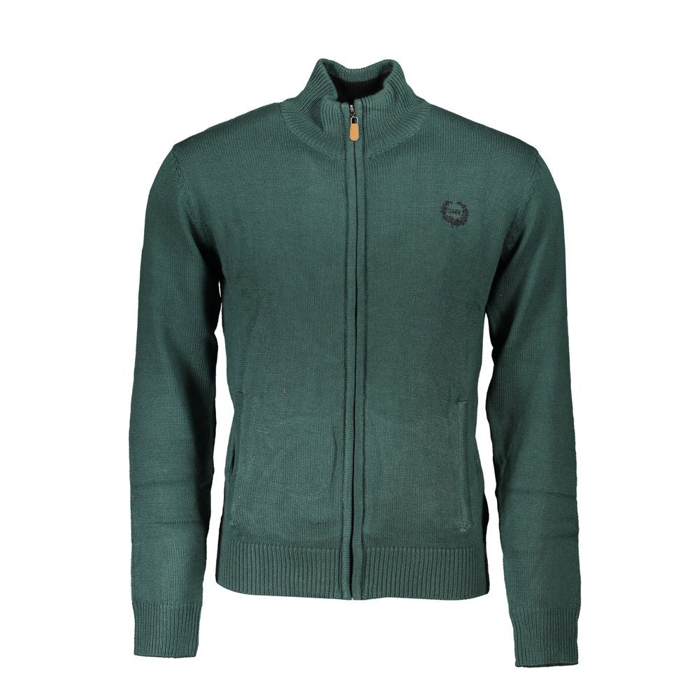 Gianmarco Venturi Verde cotton men's cardigan displayed on a hanger, featuring a V-neck and button closure.