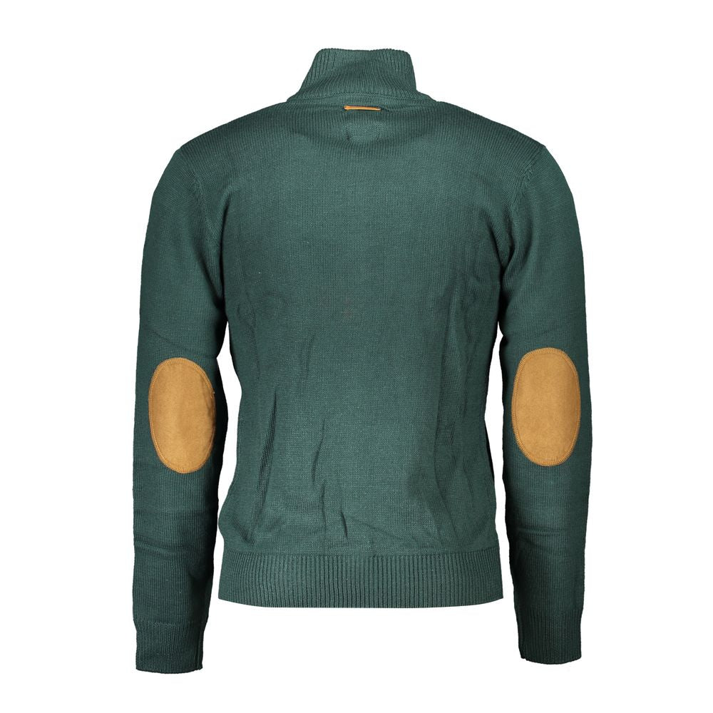 Gianmarco Venturi Verde cotton men's cardigan displayed on a hanger with a button-up front and ribbed cuffs.