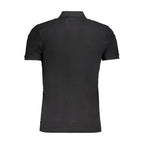 Black cotton men's polo shirt from Gianmarco Venturi displayed on a hanger. Classic collar and short sleeves.