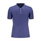 Blue cotton men's polo shirt by Gianmarco Venturi displayed on a hanger with a classic collar and short sleeves.