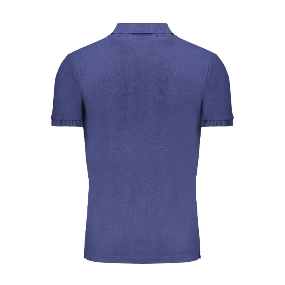 Gianmarco Venturi blue cotton men's polo shirt displayed on a hanger, close-up of fabric texture and classic collar design.
