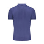 Gianmarco Venturi blue cotton men's polo shirt displayed on a hanger, close-up of fabric texture and classic collar design.