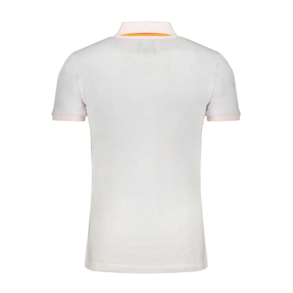 Gianmarco Venturi white cotton men's polo shirt with a classic collar and short sleeves, displayed on a hanger.