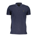 Gianmarco Venturi men's blue cotton polo shirt displayed on a hanger with a classic collar and short sleeves.