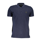 Gianmarco Venturi men's blue cotton polo shirt displayed on a hanger with a classic collar and short sleeves.