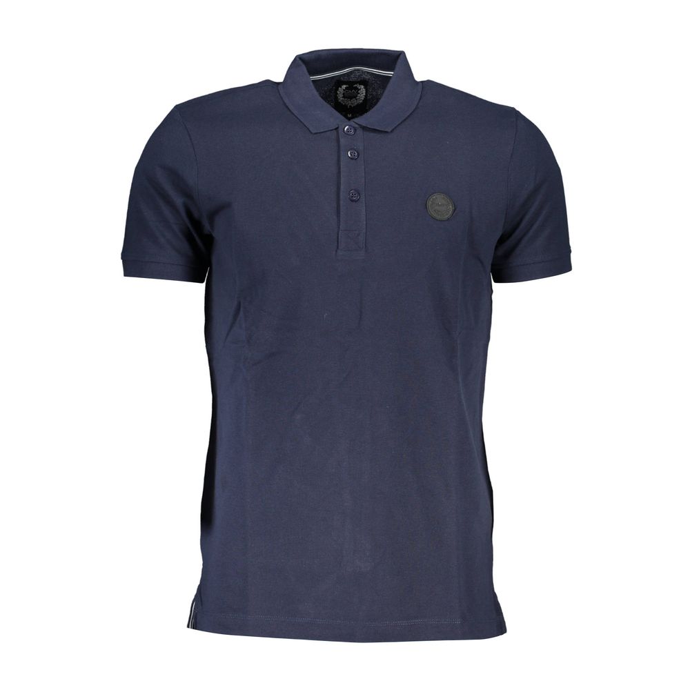 Gianmarco Venturi men's blue cotton polo shirt displayed on a hanger with a classic collar and short sleeves.