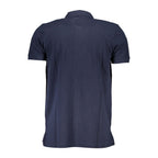 Gianmarco Venturi men's blue cotton polo shirt displayed on a hanger, showcasing a classic collar and short sleeves.