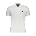 Gianmarco Venturi Bianco cotton men's polo shirt displayed on a hanger, showcasing its classic design and clean white fabric.