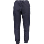 Gianmarco Venturi blue polyester men's track pants featuring athletic fit, side pockets, and elastic waistband for active wear.
