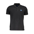 Black cotton men's polo shirt by Gianmarco Venturi, featuring a classic collar and short sleeves, displayed on a plain background.