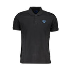 Black cotton men's polo shirt by Gianmarco Venturi, featuring a classic collar and short sleeves, displayed on a plain background.