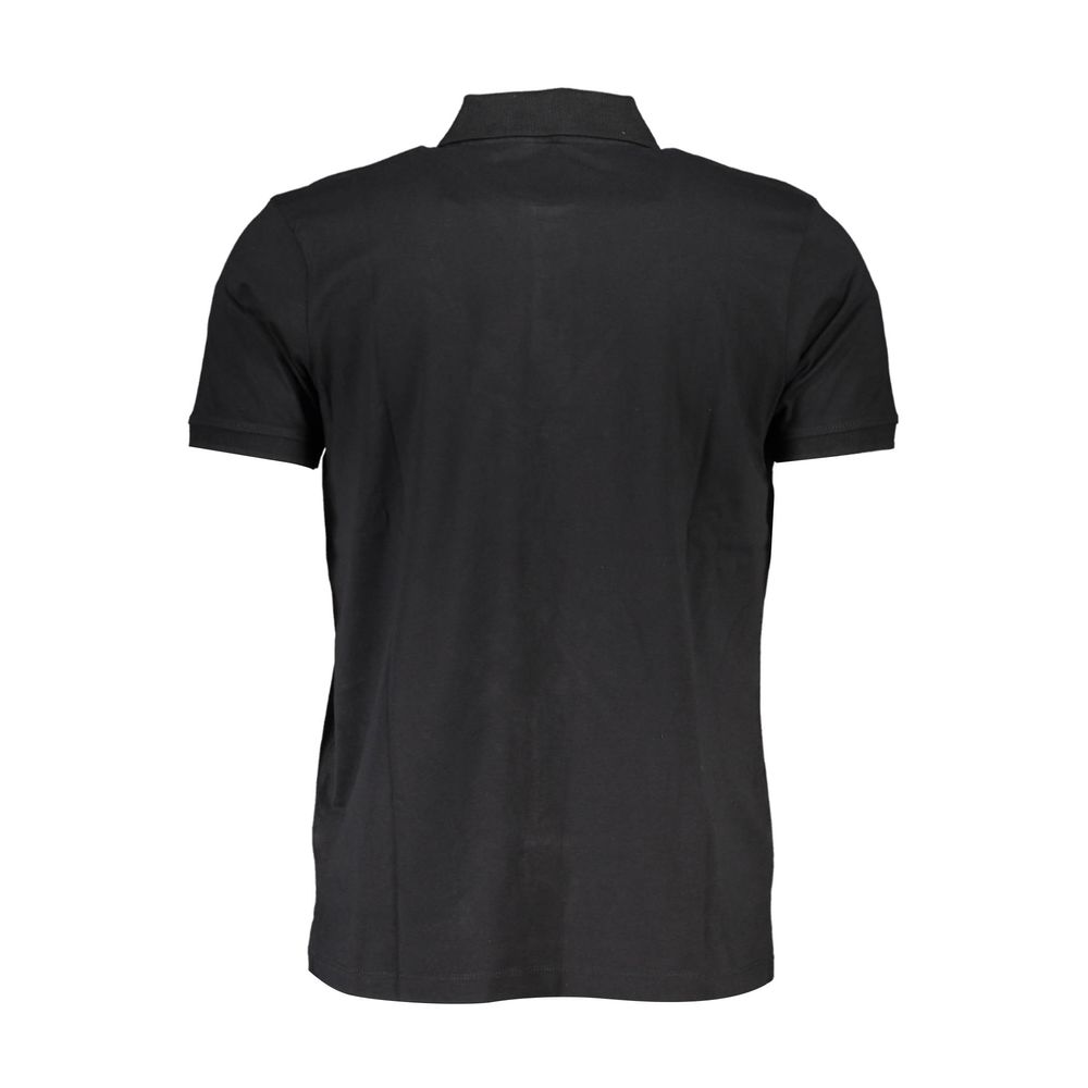 Black cotton men's polo shirt by Gianmarco Venturi, featuring a classic collar and short sleeves, displayed on a hanger.