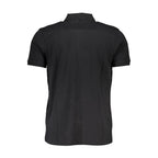 Black cotton men's polo shirt by Gianmarco Venturi, featuring a classic collar and short sleeves, displayed on a hanger.
