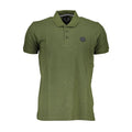 Gianmarco Venturi Verde cotton men's polo shirt displayed on a hanger, showcasing its classic collar and short sleeves.